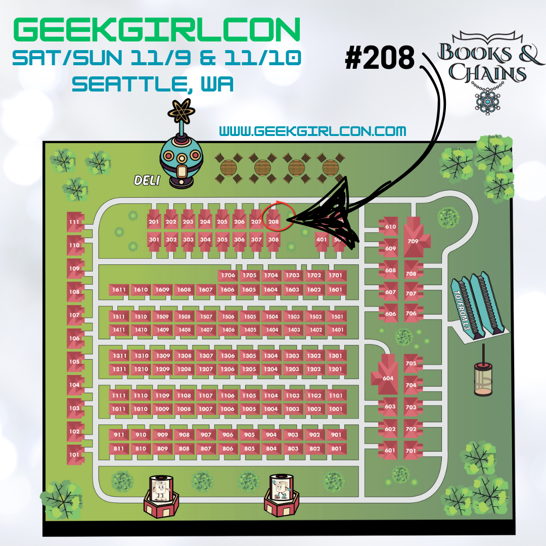 Map of the GeekGirlCon Dealer's Hall with an arrow pointing out Booth 208, Books & Chains.